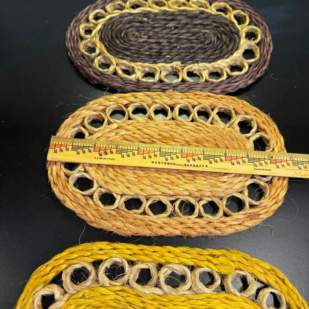 Vintage Woven Sisal Trivets Home Set of 3 Brown Orange Yellow Boho Rustic 10x6.5